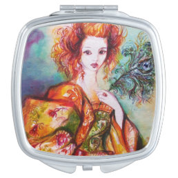 ROMANTIC WOMAN WITH SPARKLING PEACOCK FEATHER COMPACT MIRROR