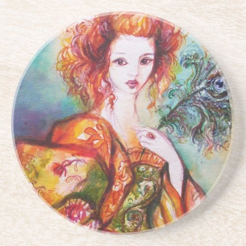 ROMANTIC WOMAN WITH SPARKLING PEACOCK FEATHER DRINK COASTER