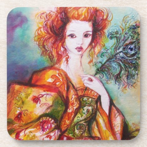 ROMANTIC WOMAN WITH SPARKLING PEACOCK FEATHER DRINK COASTER