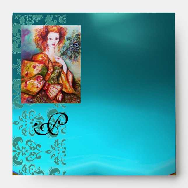 ROMANTIC WOMAN WITH SPARKLING PEACOCK FEATHER ENVELOPE (Front)