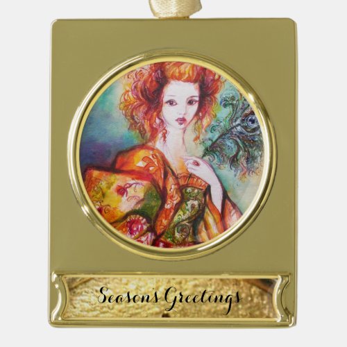 ROMANTIC WOMAN WITH SPARKLING PEACOCK FEATHER GOLD PLATED BANNER ORNAMENT