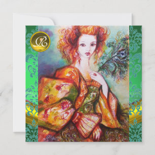 ROMANTIC WOMAN WITH SPARKLING PEACOCK FEATHER INVITATION