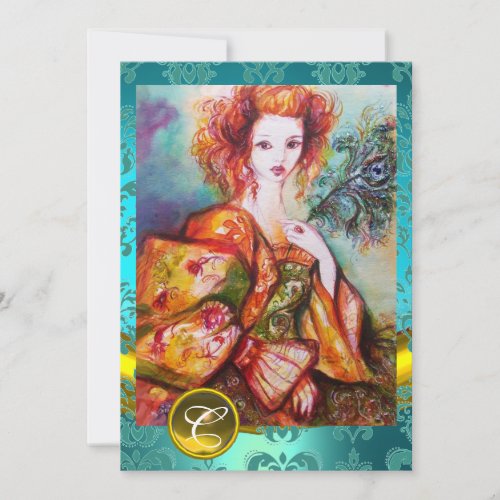 ROMANTIC WOMAN WITH SPARKLING PEACOCK FEATHER INVITATION