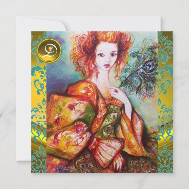 ROMANTIC WOMAN WITH SPARKLING PEACOCK FEATHER INVITATION (Front)