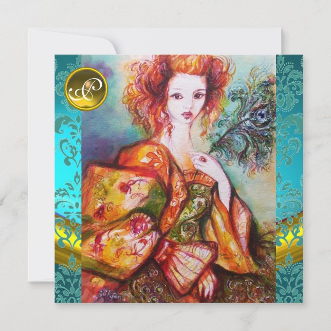 ROMANTIC WOMAN WITH SPARKLING PEACOCK FEATHER INVITATION (Front)