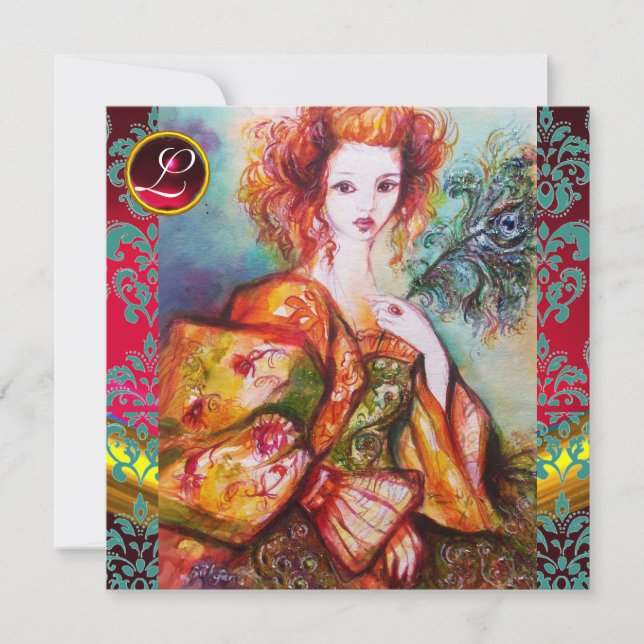 ROMANTIC WOMAN WITH SPARKLING PEACOCK FEATHER INVITATION (Front)