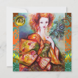 ROMANTIC WOMAN WITH SPARKLING PEACOCK FEATHER INVITATION