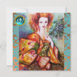 ROMANTIC WOMAN WITH SPARKLING PEACOCK FEATHER INVITATION