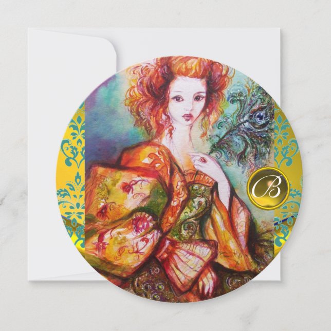 ROMANTIC WOMAN WITH SPARKLING PEACOCK FEATHER INVITATION (Front)