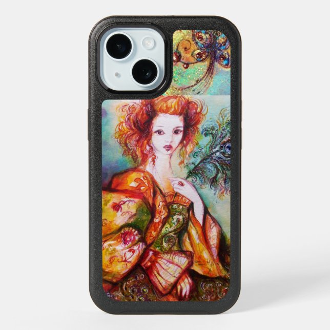 ROMANTIC WOMAN WITH SPARKLING PEACOCK FEATHER  iPhone 15 CASE (Back)