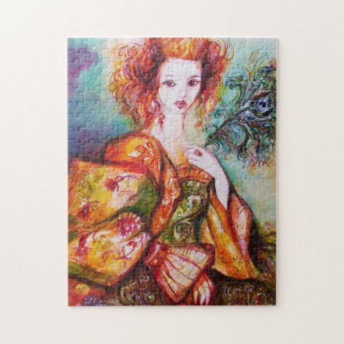 ROMANTIC WOMAN WITH SPARKLING PEACOCK FEATHER JIGSAW PUZZLE