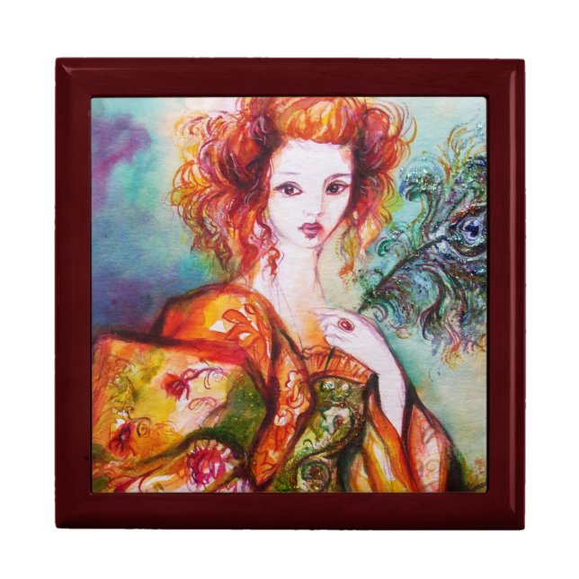 ROMANTIC WOMAN WITH SPARKLING PEACOCK FEATHER KEEPSAKE BOX (Front)