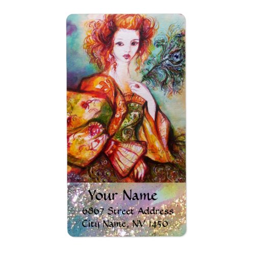 ROMANTIC WOMAN WITH SPARKLING PEACOCK FEATHER LABEL