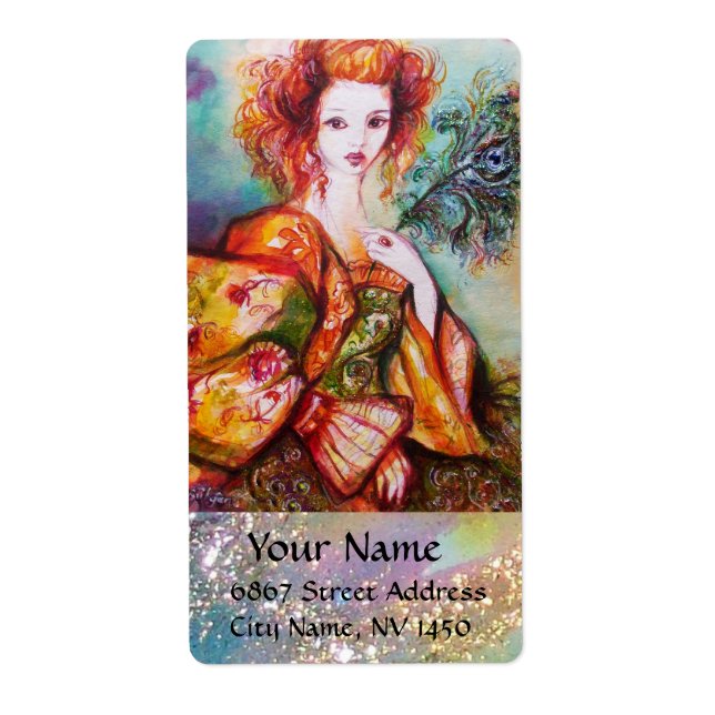 ROMANTIC WOMAN WITH SPARKLING PEACOCK FEATHER LABEL (Front)