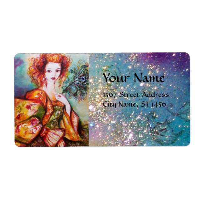 ROMANTIC WOMAN WITH SPARKLING PEACOCK FEATHER LABEL (Front)