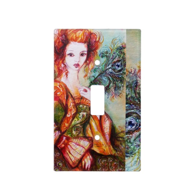 ROMANTIC WOMAN WITH SPARKLING PEACOCK FEATHER LIGHT SWITCH COVER (Front)