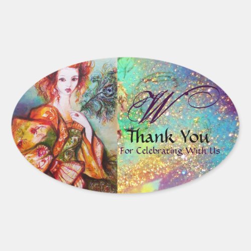 ROMANTIC WOMAN WITH SPARKLING PEACOCK FEATHER OVAL STICKER