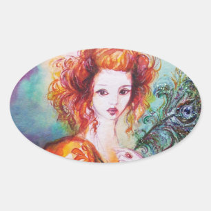 ROMANTIC WOMAN WITH SPARKLING PEACOCK FEATHER OVAL STICKER
