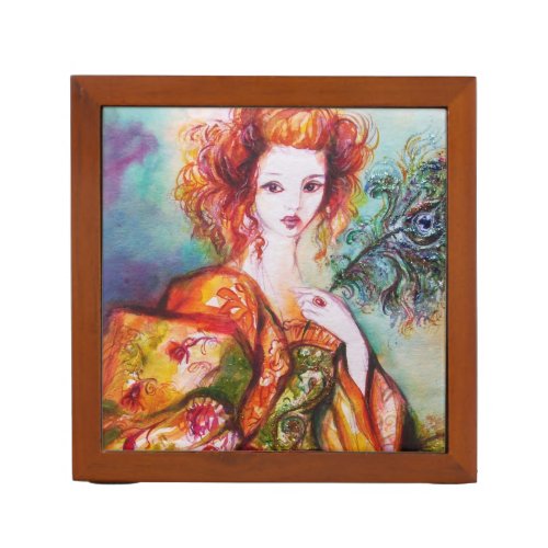 ROMANTIC WOMAN WITH SPARKLING PEACOCK FEATHER PENCIL HOLDER