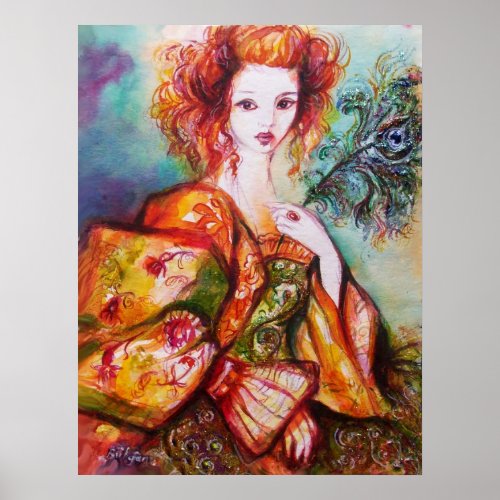 ROMANTIC WOMAN WITH SPARKLING PEACOCK FEATHER POSTER