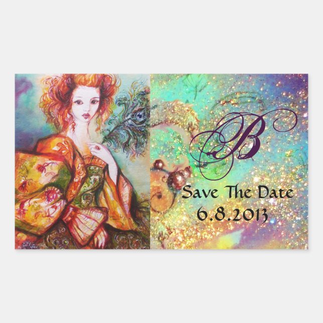 ROMANTIC WOMAN WITH SPARKLING PEACOCK FEATHER RECTANGULAR STICKER (Front)