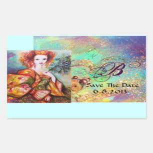 ROMANTIC WOMAN WITH SPARKLING PEACOCK FEATHER RECTANGULAR STICKER
