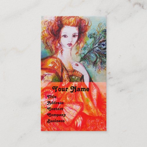 ROMANTIC WOMAN WITH SPARKLING PEACOCK FEATHERred Business Card