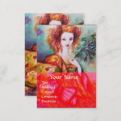 ROMANTIC WOMAN WITH SPARKLING PEACOCK FEATHER Red Business Card (Front/Back)