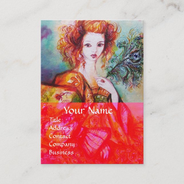 ROMANTIC WOMAN WITH SPARKLING PEACOCK FEATHER Red Business Card (Front)