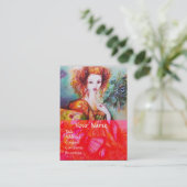 ROMANTIC WOMAN WITH SPARKLING PEACOCK FEATHER Red Business Card (Standing Front)