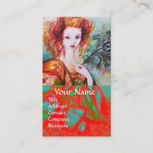 ROMANTIC WOMAN WITH SPARKLING PEACOCK FEATHER Red Business Card