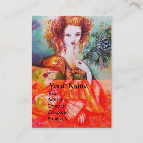 ROMANTIC WOMAN WITH SPARKLING PEACOCK FEATHER Red Business Card
