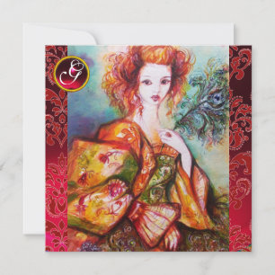 ROMANTIC WOMAN WITH SPARKLING PEACOCK FEATHER, Red Invitation