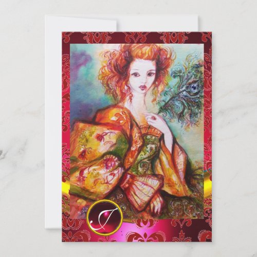 ROMANTIC WOMAN WITH SPARKLING PEACOCK FEATHERRed Invitation