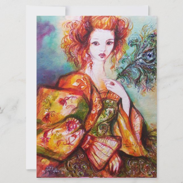 ROMANTIC WOMAN WITH SPARKLING PEACOCK FEATHER,Red Invitation (Front)