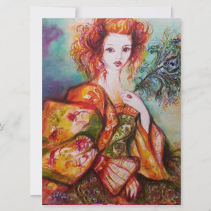 ROMANTIC WOMAN WITH SPARKLING PEACOCK FEATHER,Red Invitation