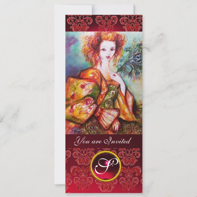 ROMANTIC WOMAN WITH SPARKLING PEACOCK FEATHER ,Red Invitation (Front)