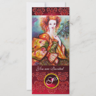 ROMANTIC WOMAN WITH SPARKLING PEACOCK FEATHER ,Red Invitation