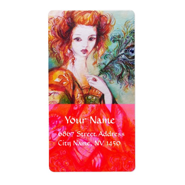 ROMANTIC WOMAN WITH SPARKLING PEACOCK FEATHER,Red Label (Front)