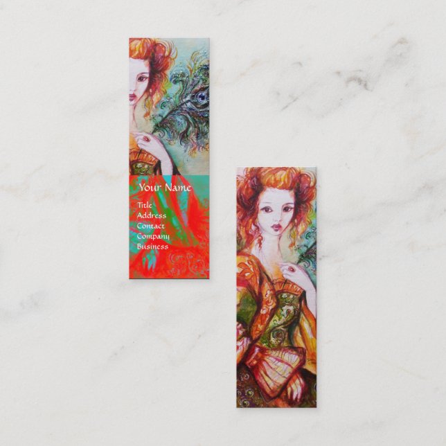 ROMANTIC WOMAN WITH SPARKLING PEACOCK FEATHER Red Mini Business Card (Front/Back)