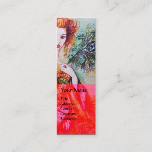 ROMANTIC WOMAN WITH SPARKLING PEACOCK FEATHER Red Mini Business Card