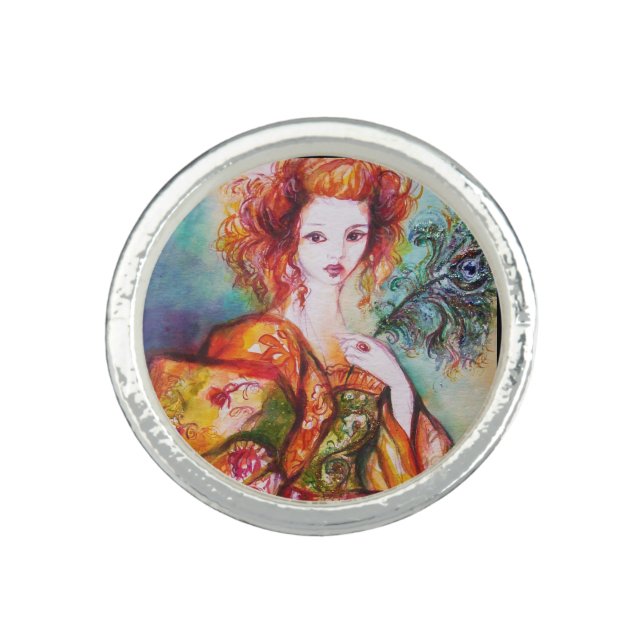 ROMANTIC WOMAN WITH SPARKLING PEACOCK FEATHER RING (Front)