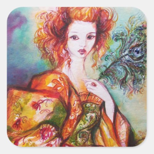 ROMANTIC WOMAN WITH SPARKLING PEACOCK FEATHER SQUARE STICKER