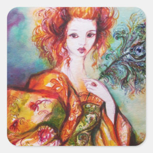 ROMANTIC WOMAN WITH SPARKLING PEACOCK FEATHER SQUARE STICKER