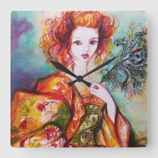 ROMANTIC WOMAN WITH SPARKLING PEACOCK FEATHER SQUARE WALL CLOCK (Front)