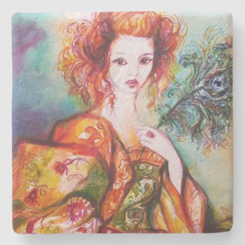 ROMANTIC WOMAN WITH SPARKLING PEACOCK FEATHER STONE COASTER