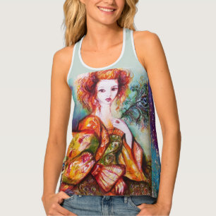 ROMANTIC WOMAN WITH SPARKLING PEACOCK FEATHER TAN TANK TOP