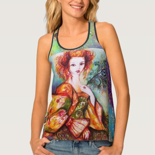ROMANTIC WOMAN WITH SPARKLING PEACOCK FEATHER  TANK TOP