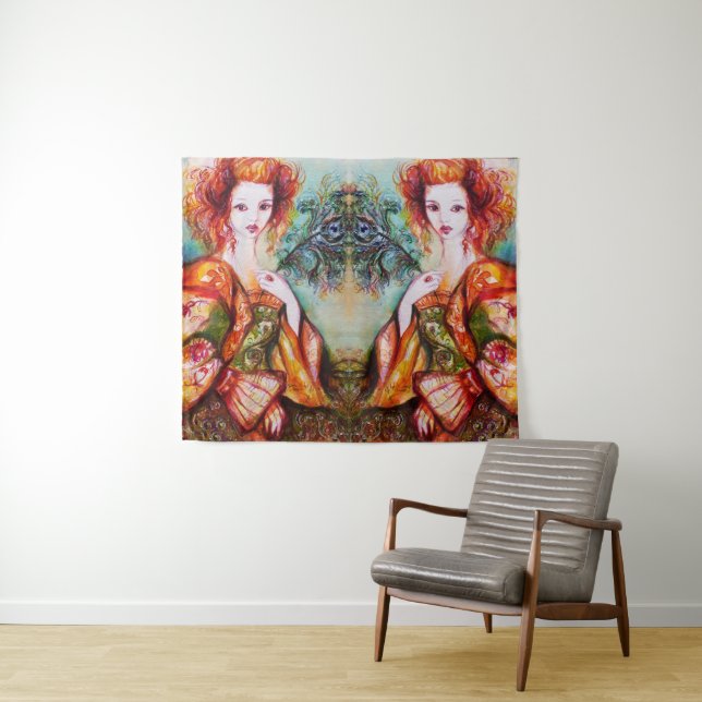 ROMANTIC WOMAN WITH SPARKLING PEACOCK FEATHER TAPESTRY (In Situ (Horizontal))