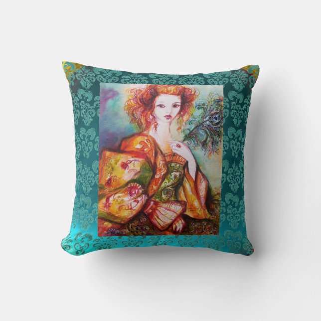 ROMANTIC WOMAN WITH SPARKLING PEACOCK FEATHER Teal Throw Pillow (Front)